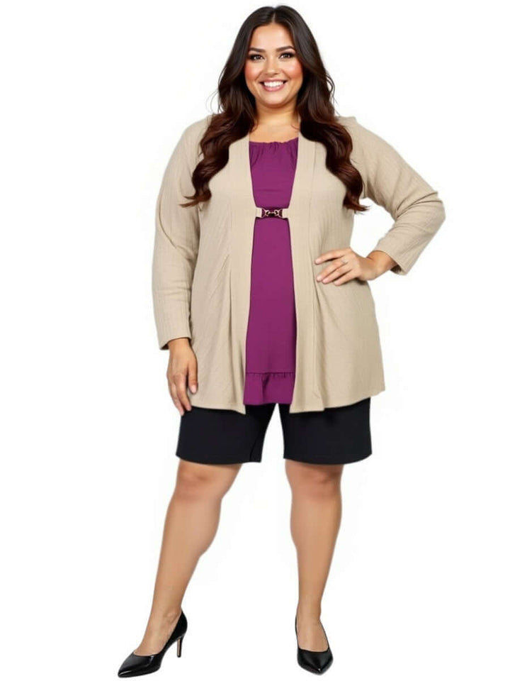 Women’s plus size model wearing denim shorts - black and a stylish cardigan for a chic summer look.