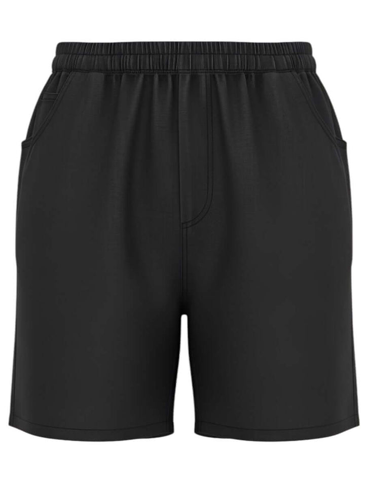 Denim Shorts - Black worn by women in plus size, featuring a comfortable elastic waistband and pockets for everyday style.
