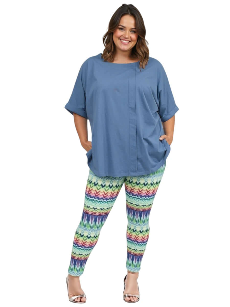 Women wearing Atlas Leggings - Multi Print with a blue top, showcasing plus size fashion for sizes 16-50 by dale & waters.
