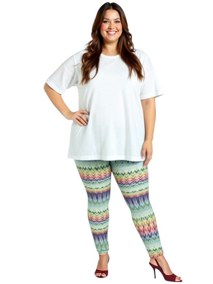 Atlas Leggings - Multi Print on a plus-size woman, showcasing colorful patterns and comfortable fit by Dale & Waters.