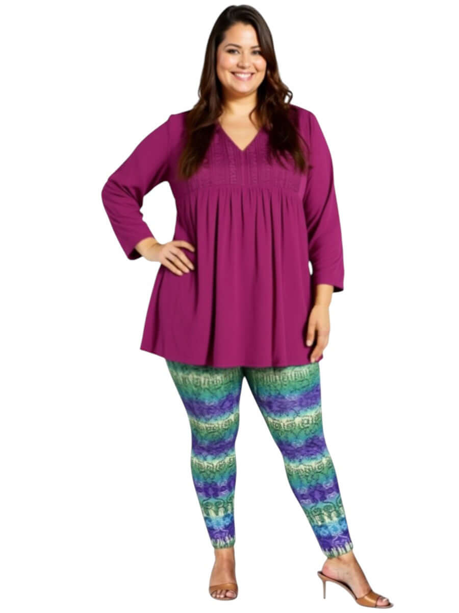 Atlas Leggings - Purple Print on a plus size model showcasing effortless style and comfort.