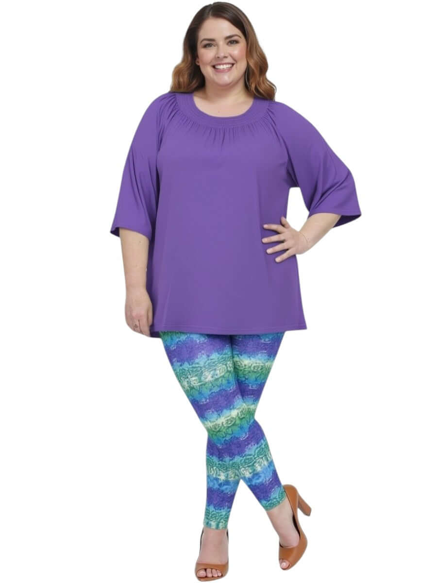 Women in purple top and Atlas Leggings - Purple Print, showcasing plus size style for sizes 16-50 by Dale & Waters.