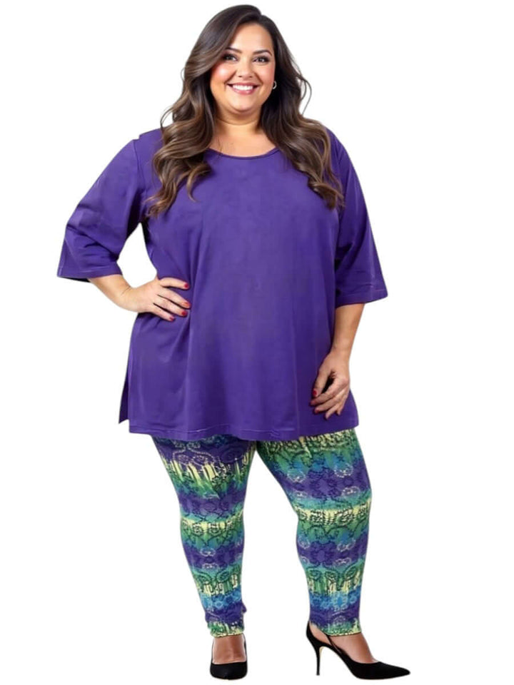 Plus size women wearing Atlas Leggings - Purple Print, featuring vibrant colors and stylish comfort.