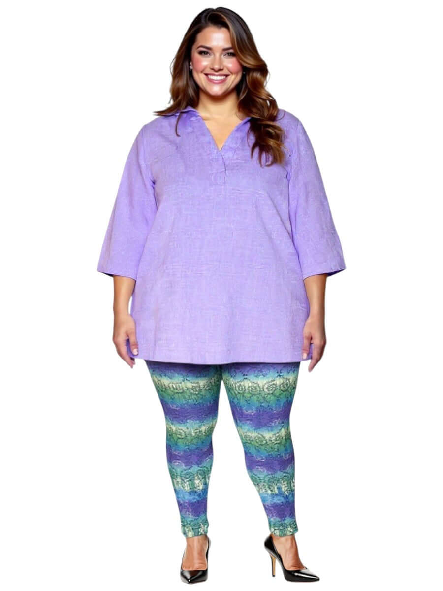 Women in purple tunic and Atlas Leggings - Purple Print, showcasing plus size style for sizes 16-50.