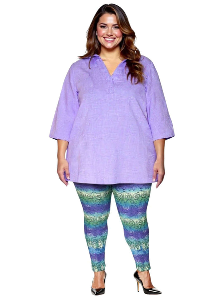 Women in purple tunic and Atlas Leggings - Purple Print, showcasing plus size style for sizes 16-50.