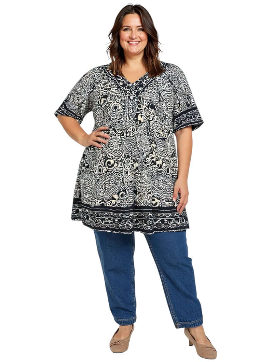 Women’s plus size Sterling Fields Tunic - Black Print, V-neck, comfortable lightweight viscose, size 16-50, Dale & Waters.