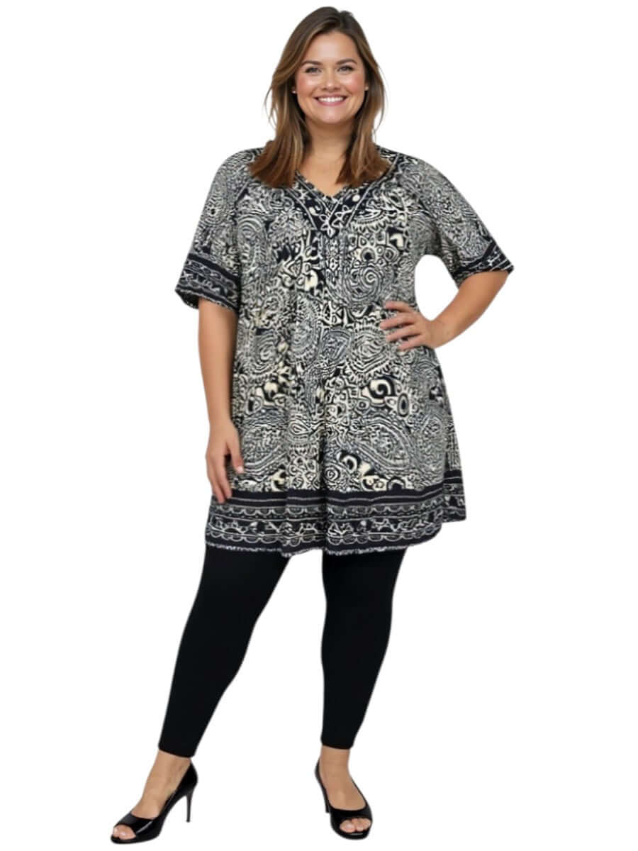 Women’s plus size Sterling Fields Tunic - Black Print, size 16-50, by Dale & Waters, showcasing stylish comfort.