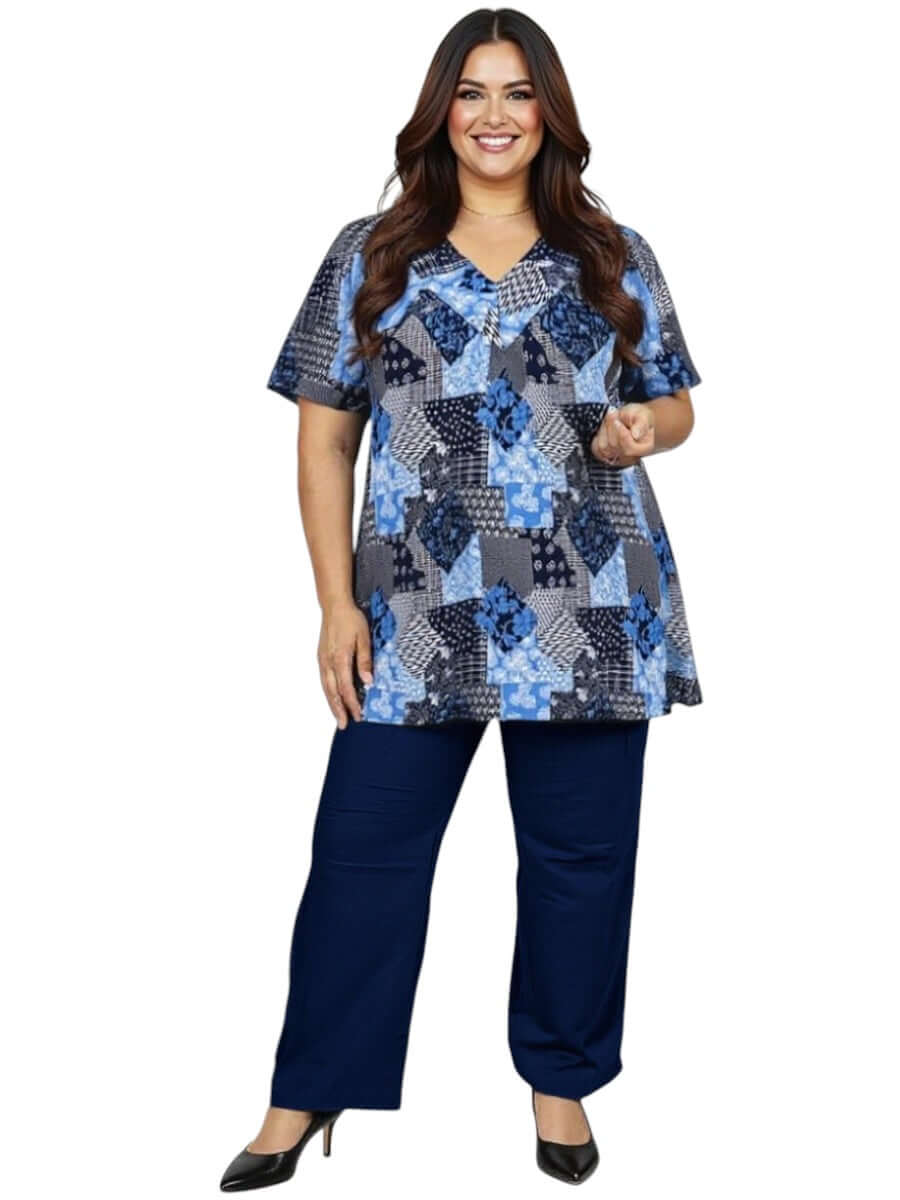 Sterling Fields Top - Patchwork Print on plus-size model in blue patchwork print, size 16-50 by Dale & Waters.