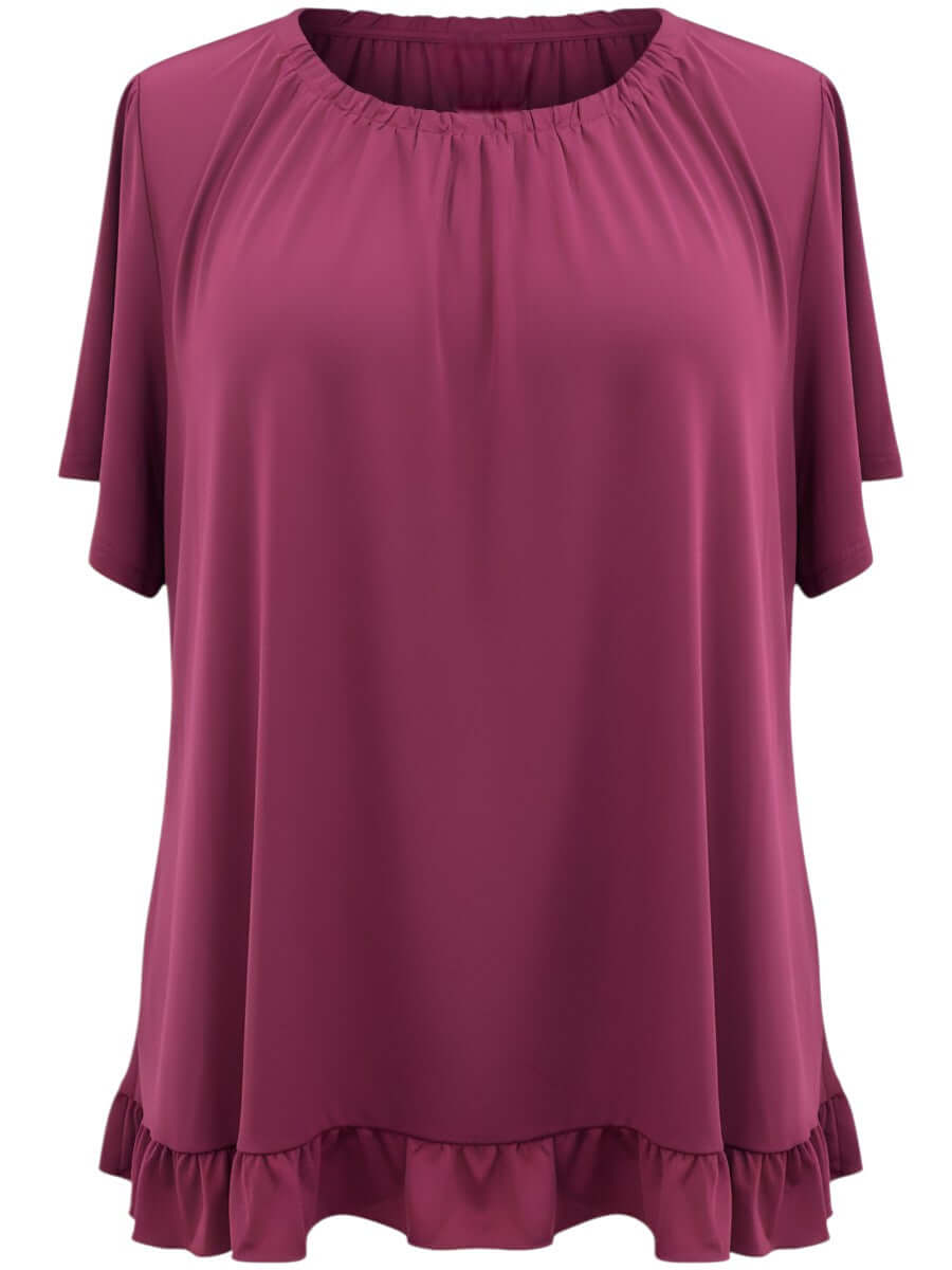 Landra Top - Plum, women's plus size top with gathered neckline and flutter sleeves, perfect for summer.
