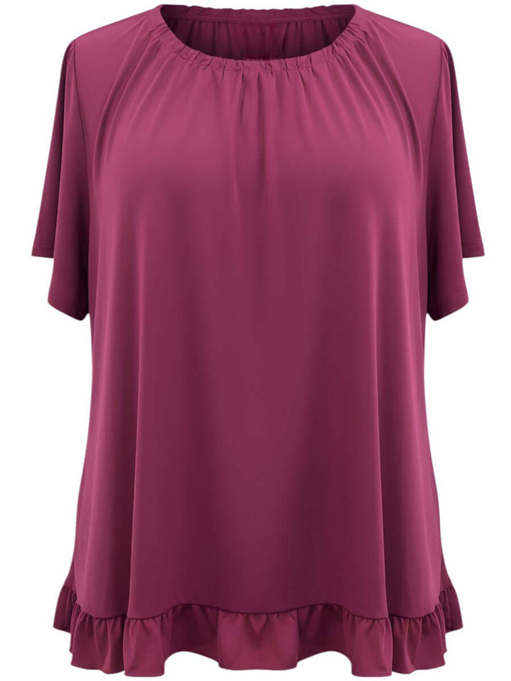Landra Top - Plum, women's plus size top with gathered neckline and flutter sleeves, perfect for summer.