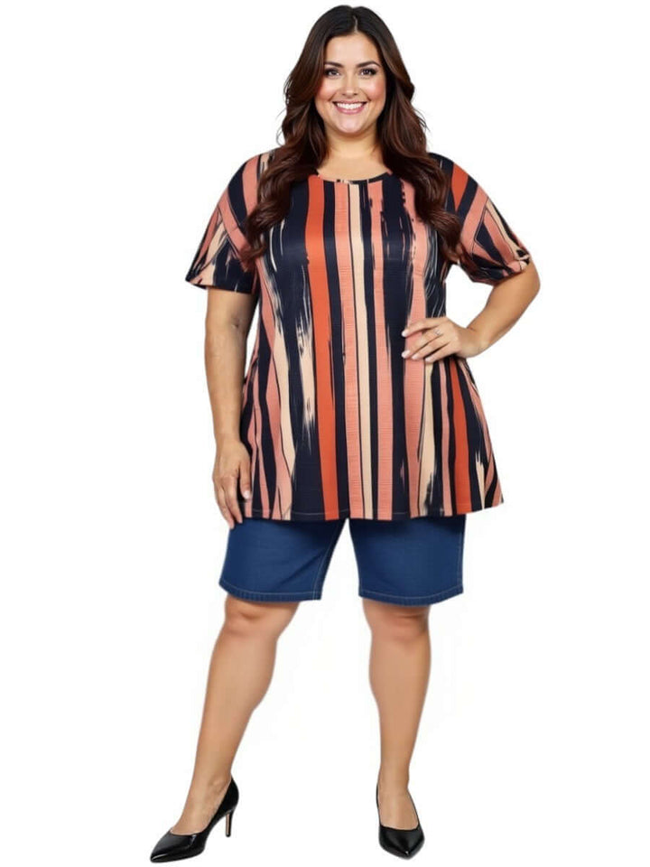 Denim Shorts - Denim worn by a plus size woman, featuring a stylish striped top and comfortable fit.