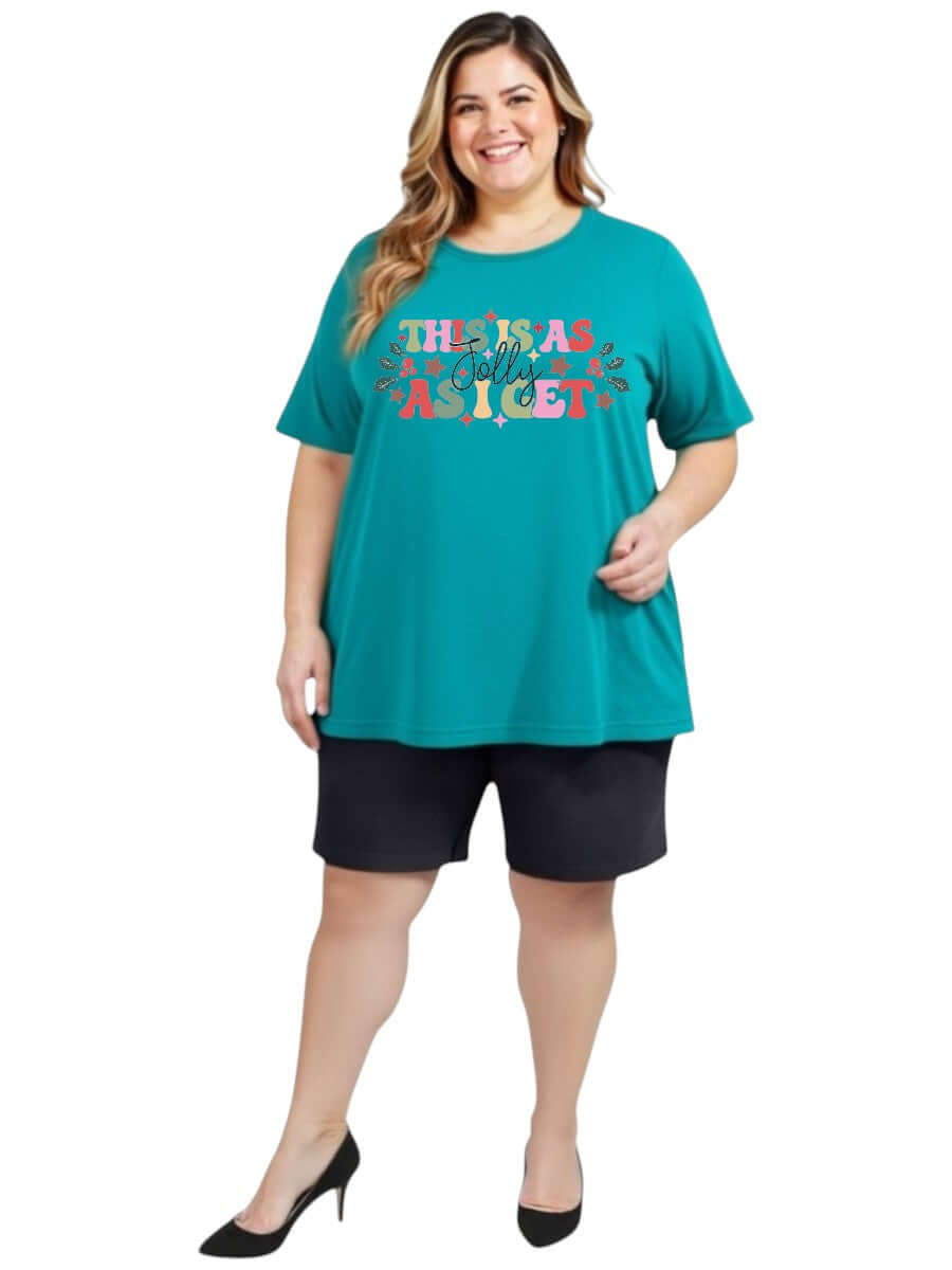Women in teal tee and plus size Denim Shorts - Black, showcasing everyday comfort and effortless style.