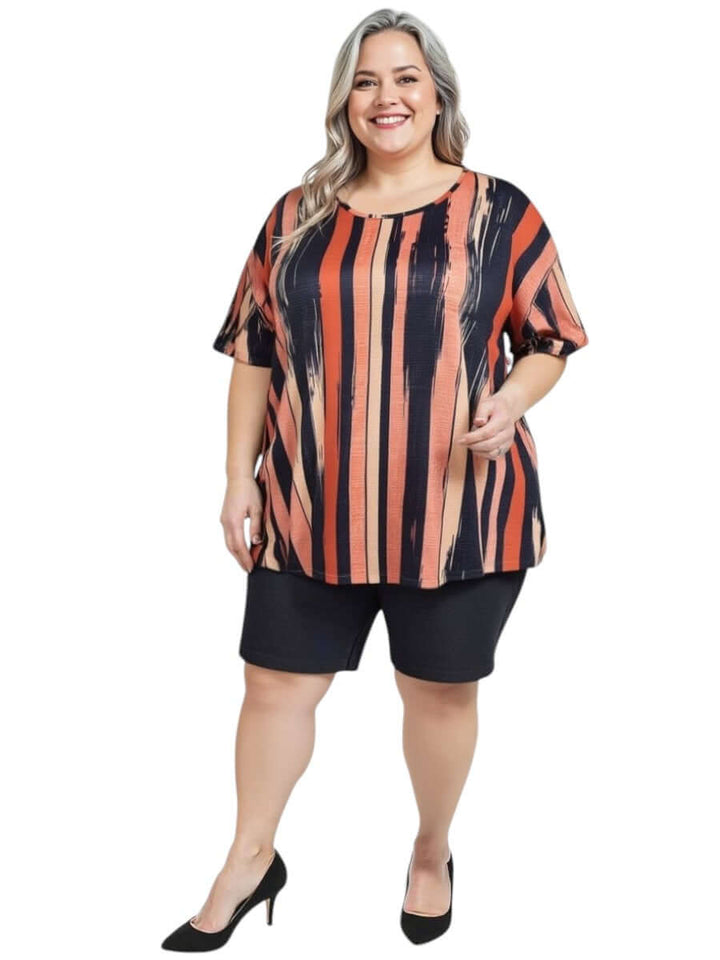 Denim Shorts - Black worn by plus size woman in stylish top, ideal for summer comfort and confident fashion.