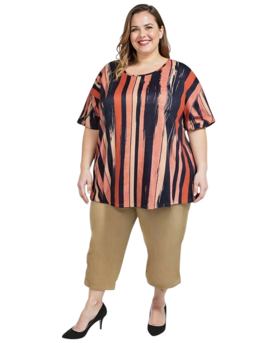 Women’s Plus Size Velma Top - Multi print in striped pattern worn with comfortable bottoms, ideal for casual summer looks.