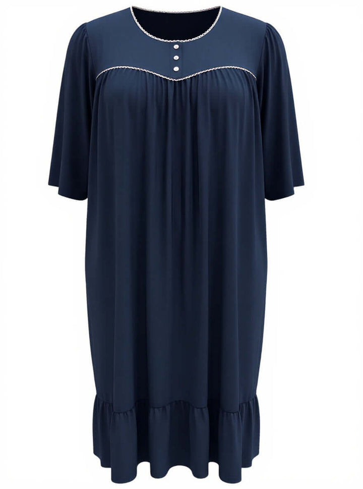 Women’s Plus Size Paxton Nightie - Navy featuring elegant design, white piping, and comfortable 3/4 sleeves.