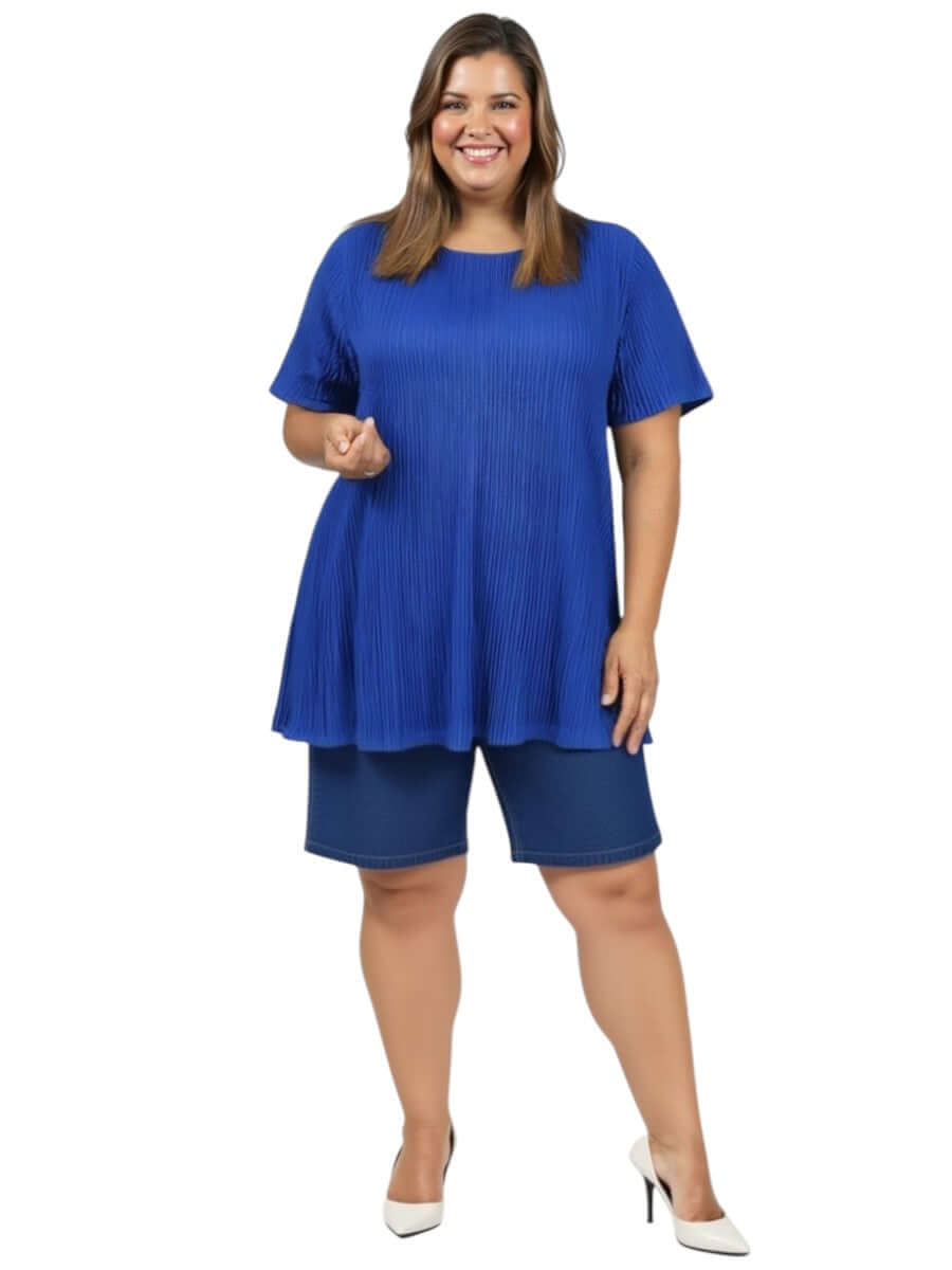 Women’s plus size denim shorts - denim with relaxed fit, paired with blue top for summer style. Size 16-50 from Dale & Waters.