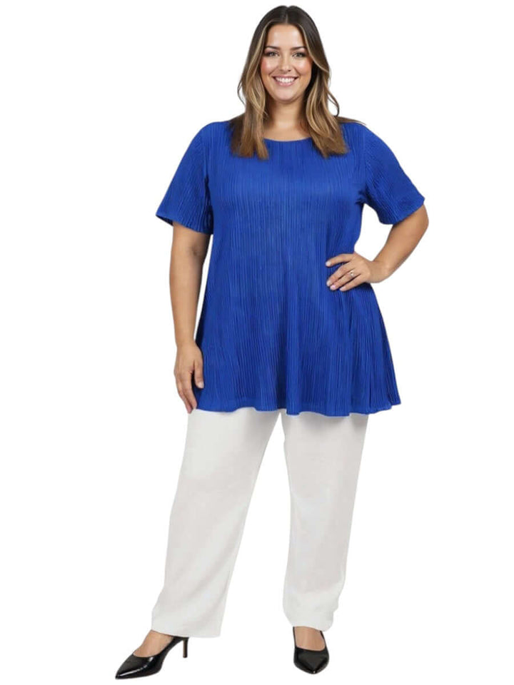 Women wearing Melany Top - Royal Blue, showcasing comfort and style with a flowy fit and classic crew neckline.