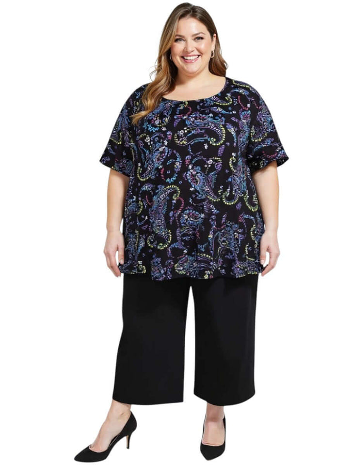 Estela Top - Black Print, plus size women's top with a flowy drape and flattering design, perfect for everyday wear.