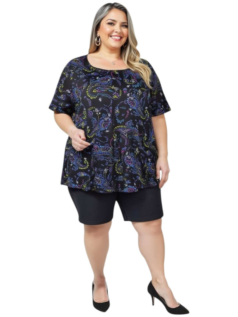 Women in plus size fashion wearing Denim Shorts - Black and a stylish patterned top, perfect for summer outings.