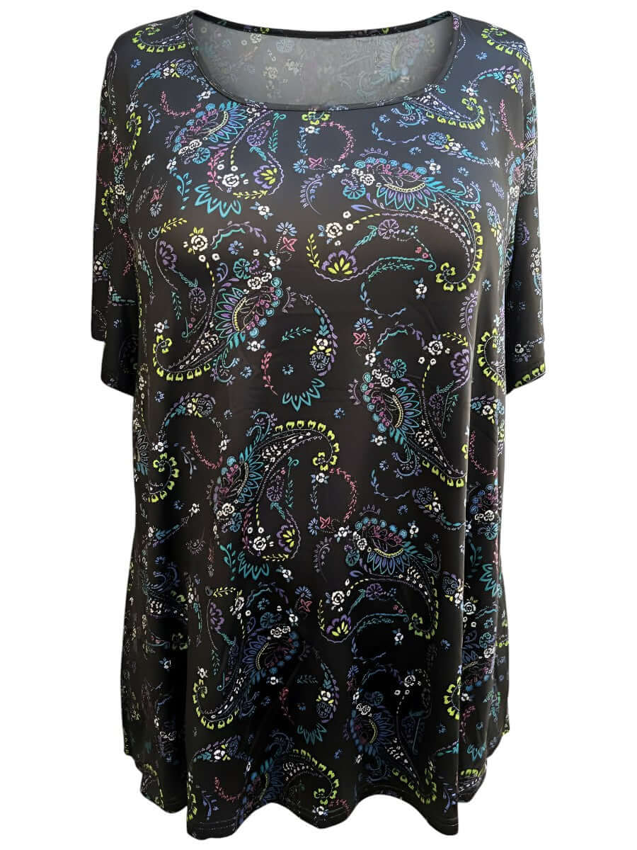 Estela Top - Black Print featuring a colorful paisley design, perfect for plus-size women's everyday style.