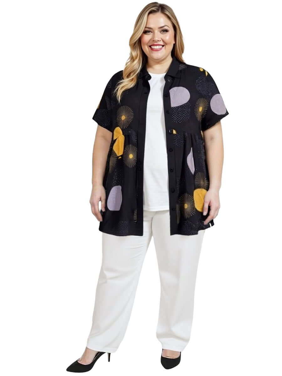 Coreen Tunic - Black Print, plus size women's babydoll blouse with unique black print, lightweight rayon, collared neckline, and comfortable fit.