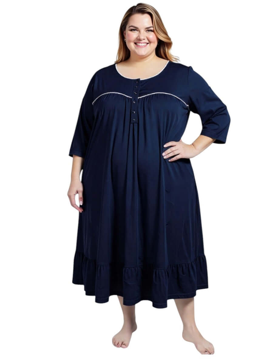 Women’s Plus Size Paxton Nightie - Navy with elegant white piping and 3/4 sleeves, designed for comfort and style.