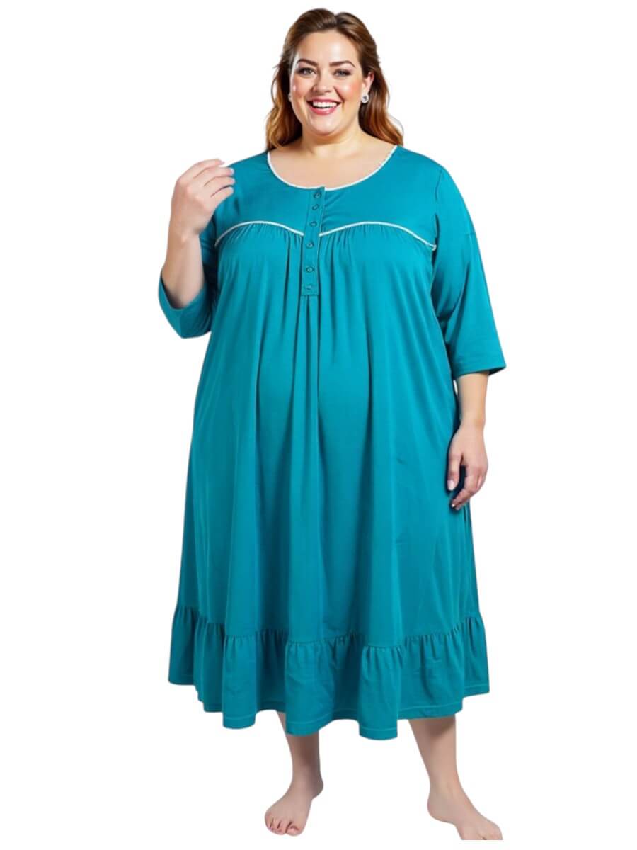 Women’s Plus Size Paxton Nightie - Teal featuring elegant comfort, chic design, and 3/4 length sleeves.