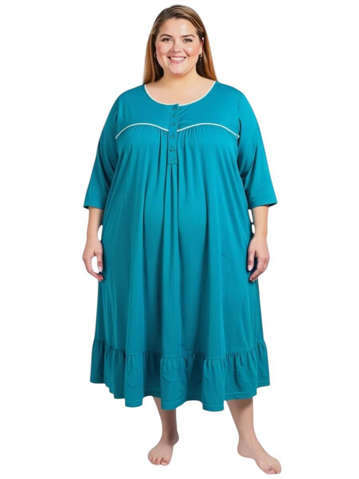 Women’s Plus Size Paxton Nightie - Teal featuring a relaxed fit and elegant design with white piping and buttons.