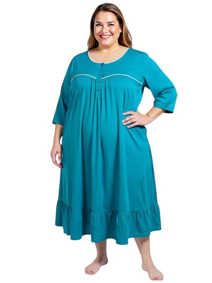 Women’s Plus Size Paxton Nightie - Teal with elegant details and 3/4 sleeves for comfort and style.