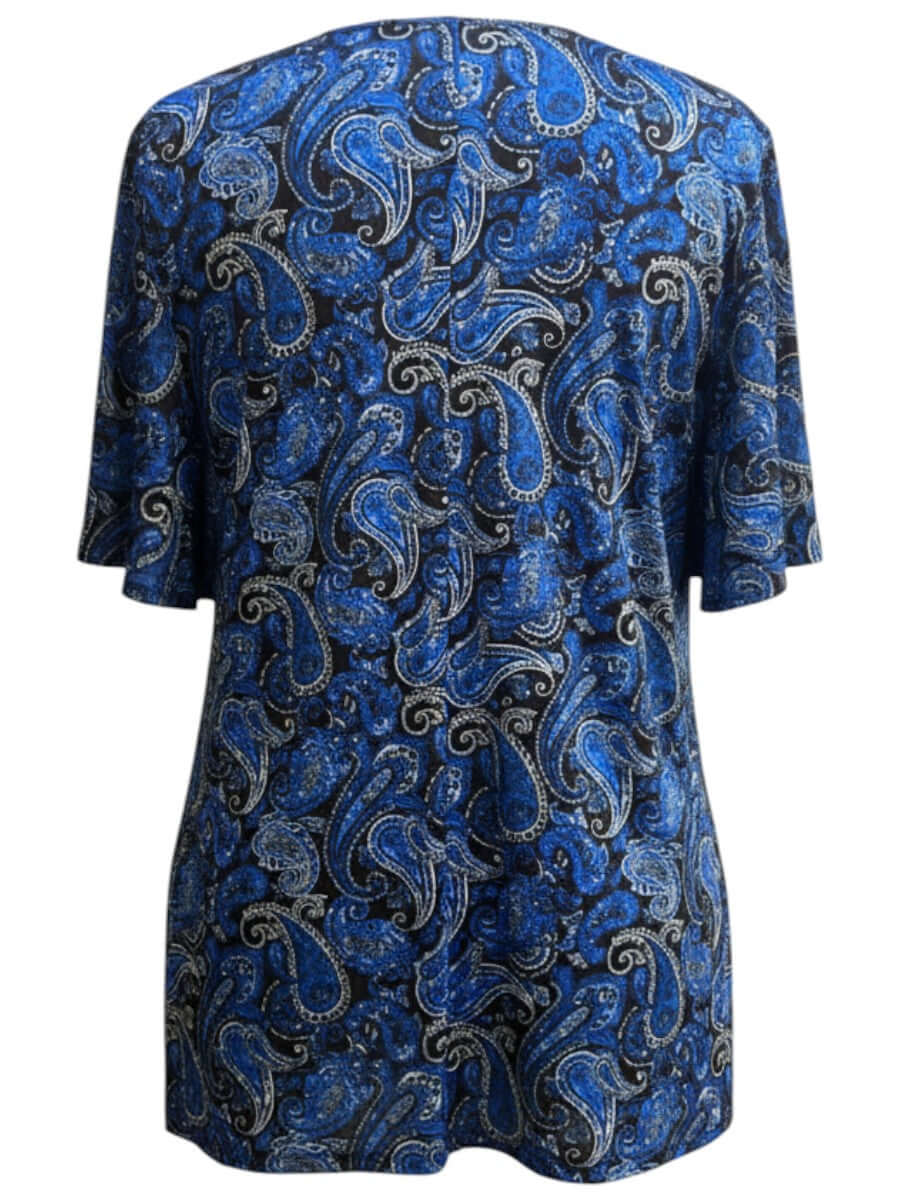 Back view of Women's Plus Size Westin Top - Blue by Dale and Waters featuring a paisley pattern in royal blue, black, and white.