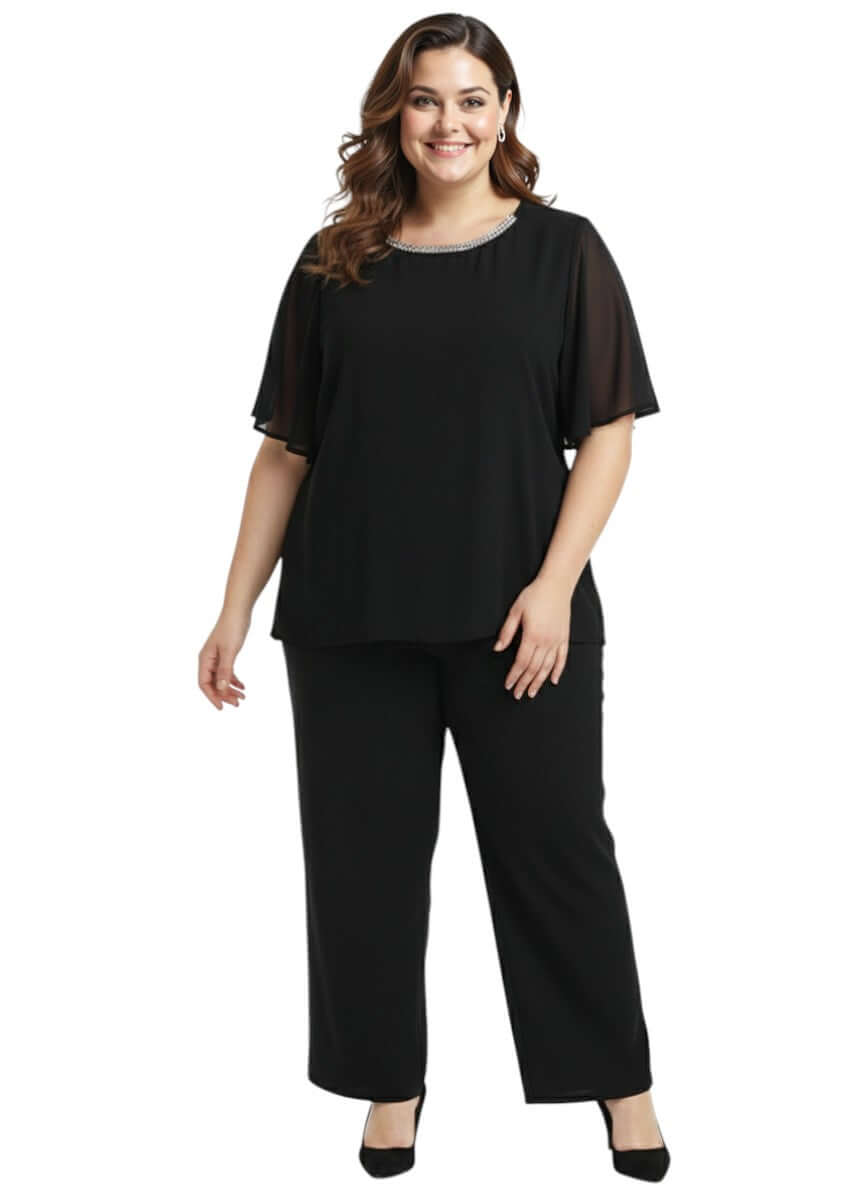 Ariel Diamanté Top - Black worn by a plus size woman in an elegant outfit, highlighting evening glamour and comfort.