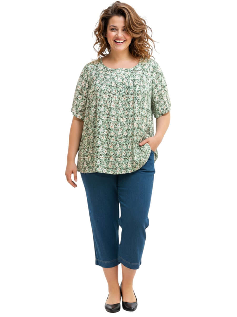 Mogan Bib Top - Green Print women's plus size top with floral design in soft mint, size 16-50 by Dale and Waters.