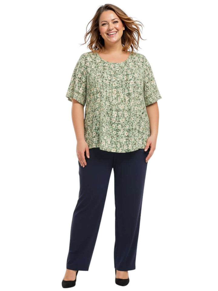 Mogan Bib Top - Green Print plus size women's top in soft mint with floral pattern, brand Dale and Waters, size 16-50.