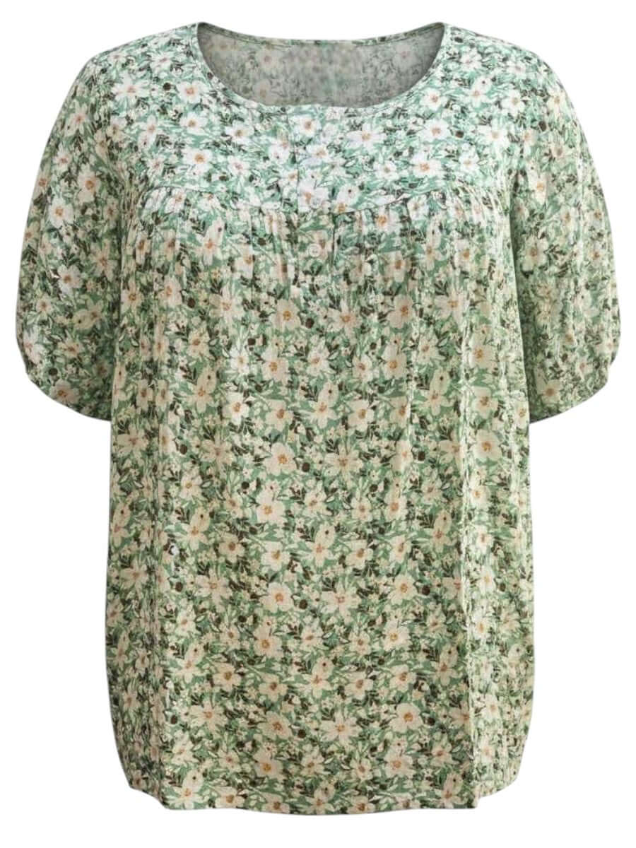 Mogan Bib Top - Green Print, plus size women's top by Dale and Waters, size 16-50, featuring a mint floral design.