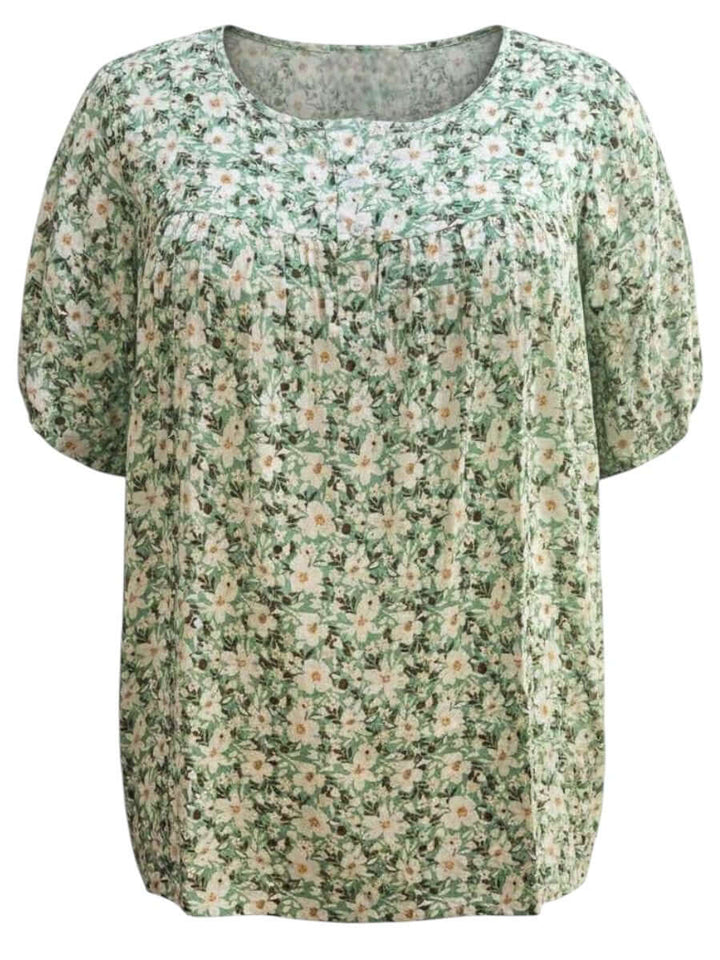 Mogan Bib Top - Green Print, plus size women's top by Dale and Waters, size 16-50, featuring a mint floral design.