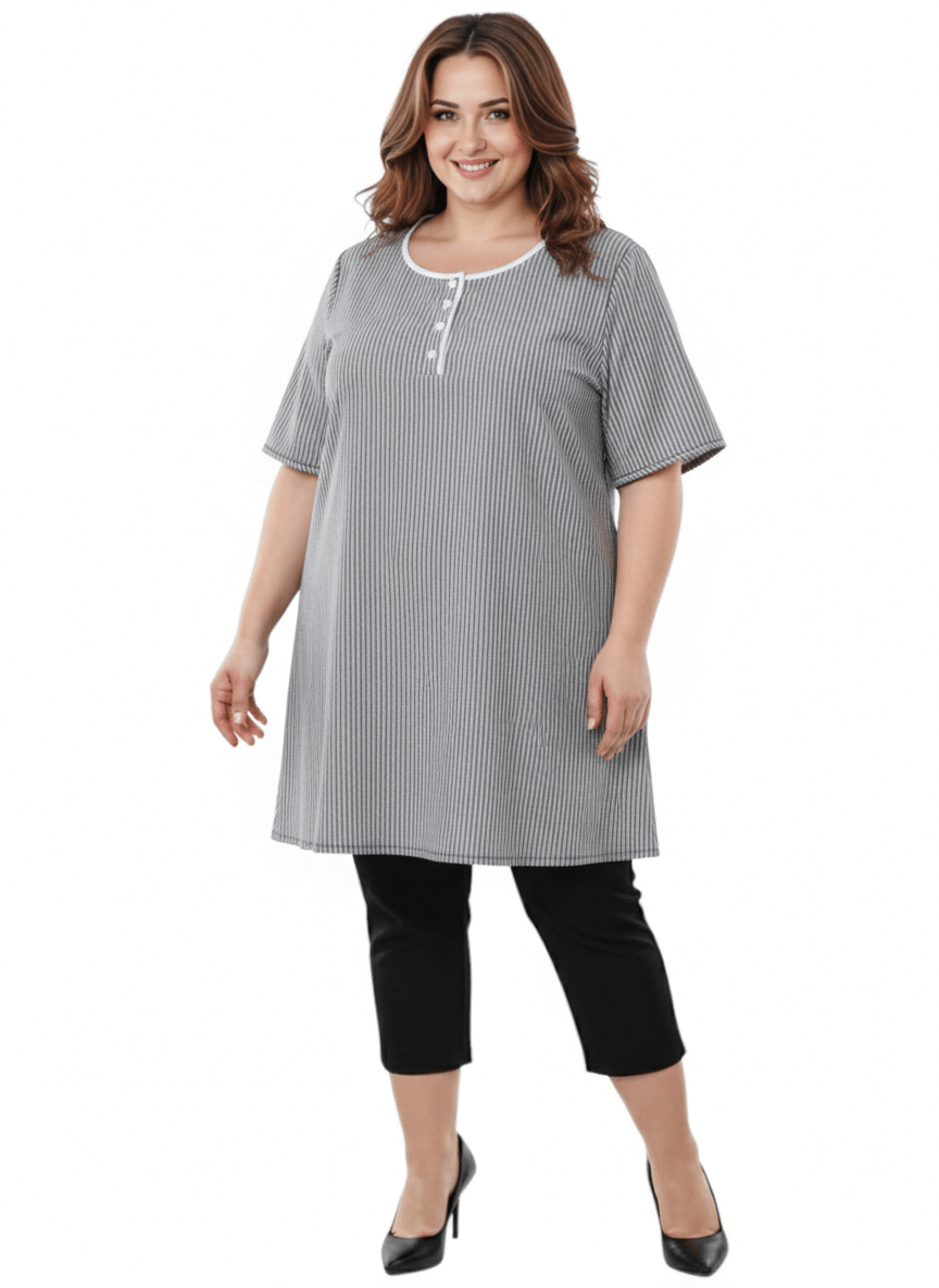 Arrington Swing Tunic - Black & White worn by plus size woman, brand Dale and Waters, sizes 16-50.