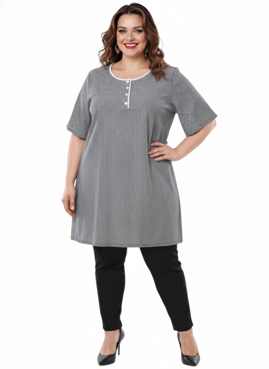 Arrington Swing Tunic - Black & White on a model, plus size women's fashion by Dale and Waters, size 16-50.