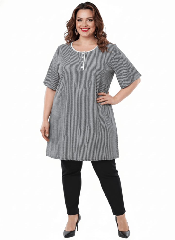 Arrington Swing Tunic - Black & White on a model, plus size women's fashion by Dale and Waters, size 16-50.