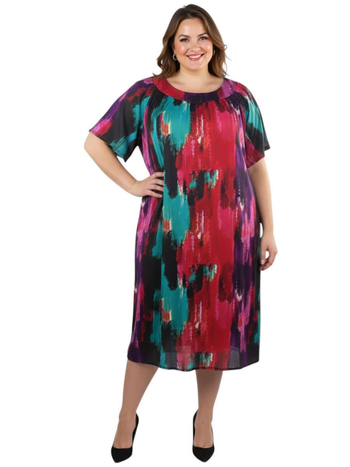 Holland Dress - Print: Women's Plus Size dress in bold abstract print, vibrant pink, purple, teal. Brand: Dale and Waters.
