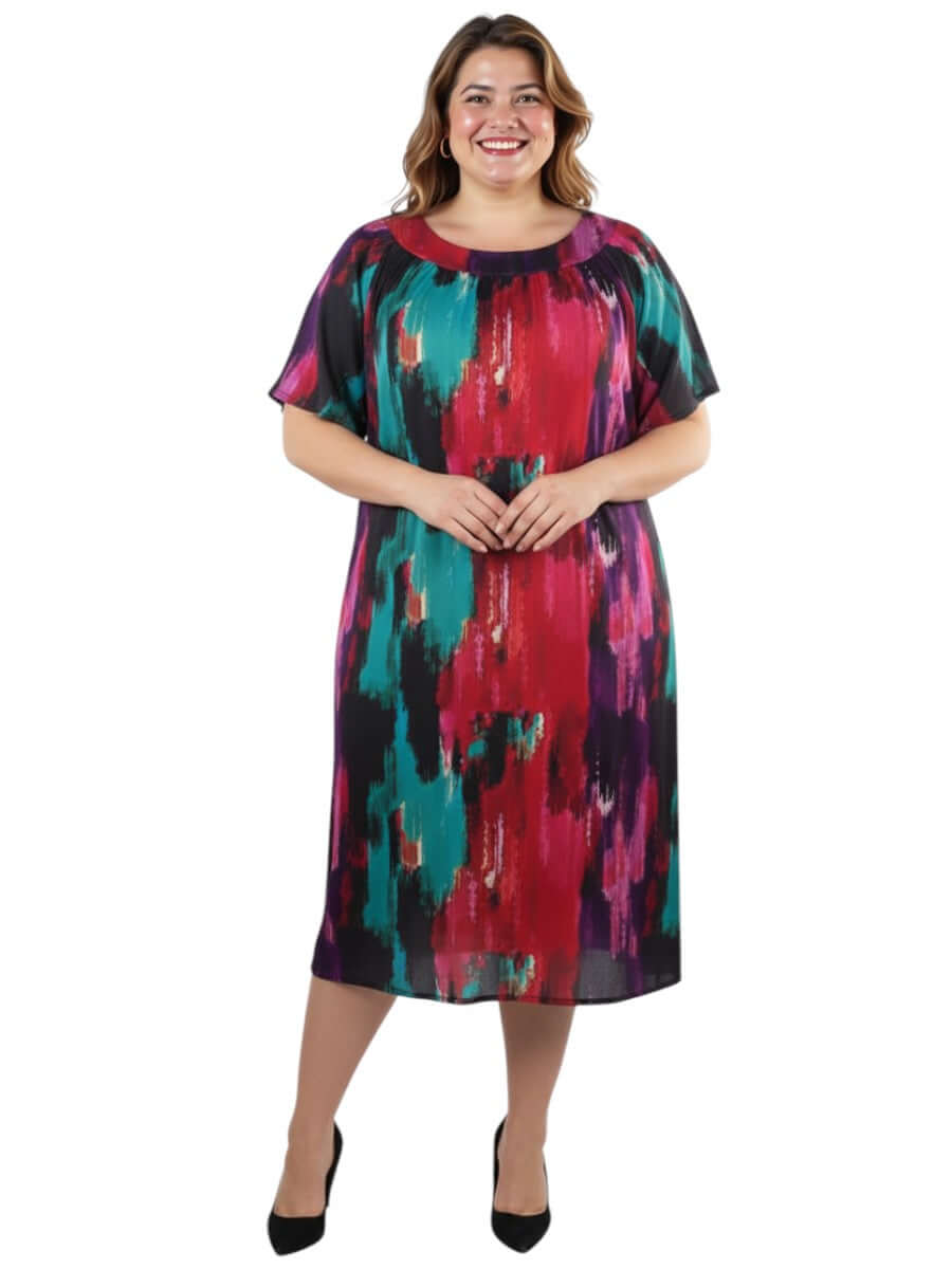 Holland Dress - Print by Dale and Waters, plus size women's dress in vibrant pink, purple, and teal abstract print, size 16-50.
