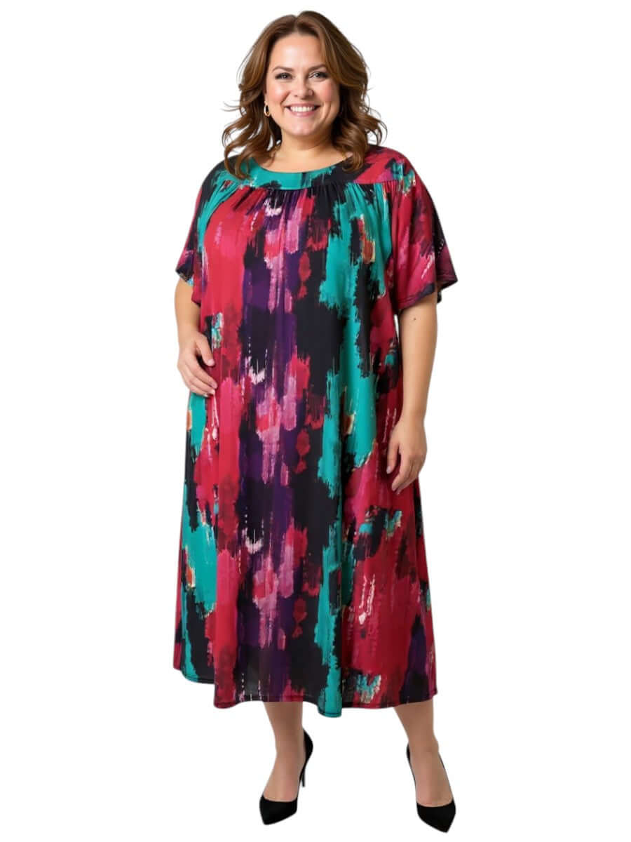 Holland Dress - Print by Dale and Waters, Plus Size 16-50, featuring a vibrant abstract brushstroke design in pink, purple, and teal.