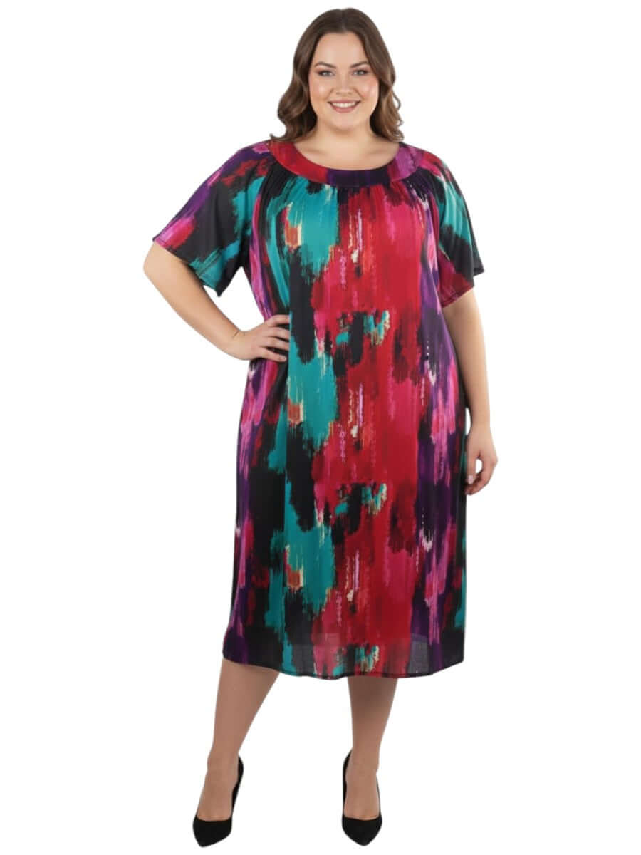 Holland Dress - Print in vibrant pink, purple, and teal, plus size women's style by Dale and Waters, sizes 16-50.