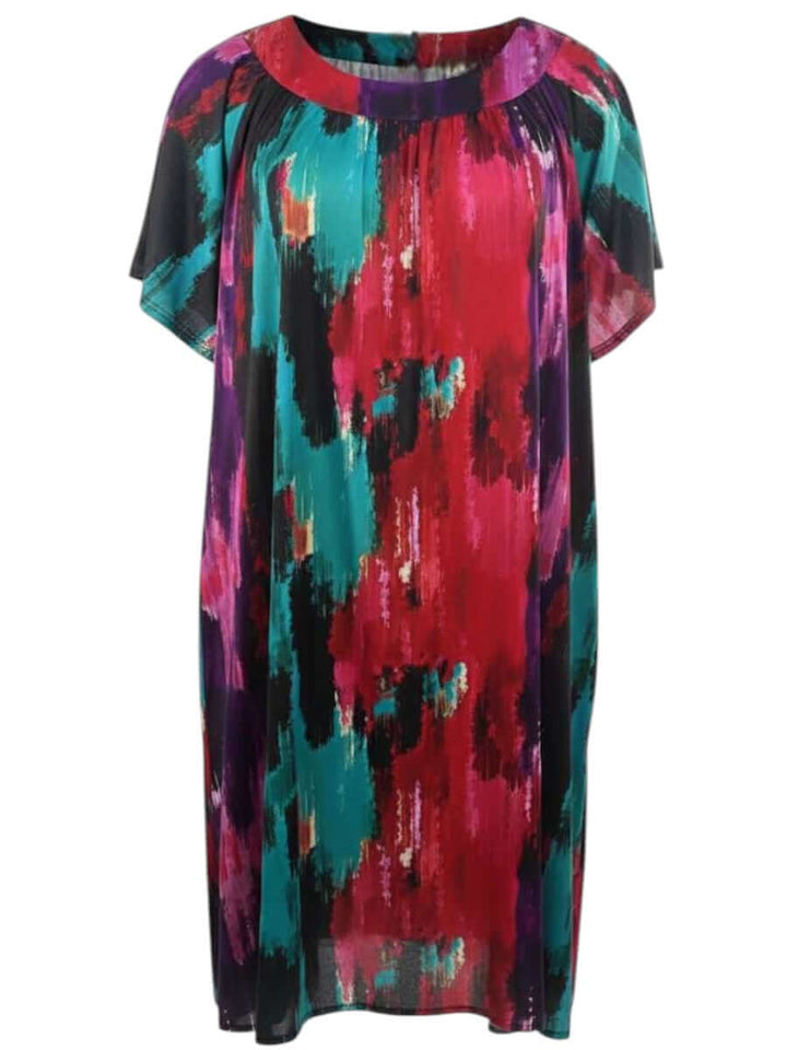 Holland Dress - Print by Dale and Waters, plus size women's dress in vibrant pink, purple, and teal abstract pattern.
