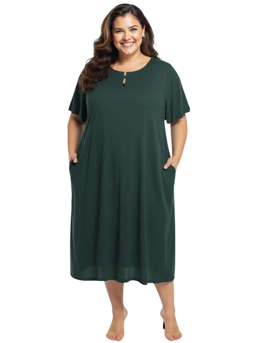 Noeleen Nightie -  Green: Plus size women's night dress in green with elegant flutter sleeves and pockets by Dale and Waters.