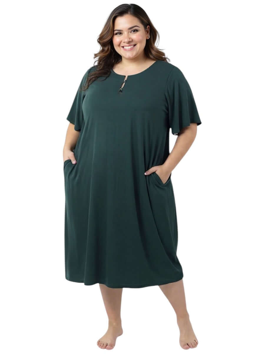 Noeleen Nightie -  Green, plus size women's night dress by Dale and Waters, size 16-50, featuring elegant flutter sleeves.