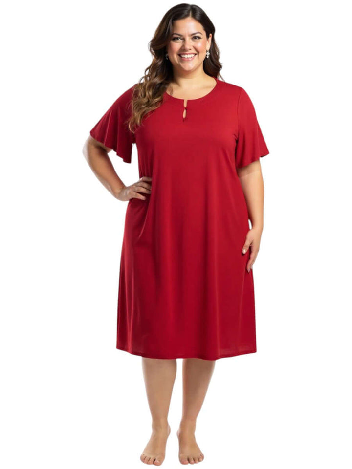 Noeleen Nightie - Red: Plus size women's night dress in vibrant red, offering comfort and stylish sleep.