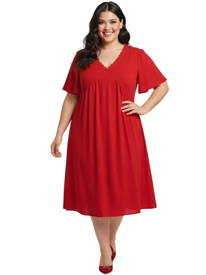 Women's Plus Size Angelica Dress - Red by Dale and Waters, size 16-50, featuring a flattering V-neckline and airy silhouette.