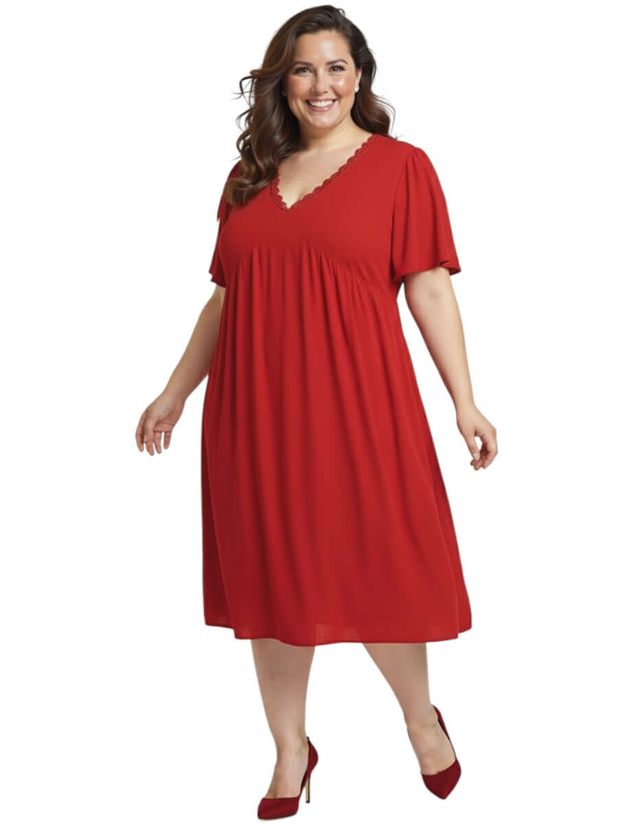 Angelica Dress - Red by Dale and Waters, plus size women's dress size 16-50, featuring V-neckline and flare design.