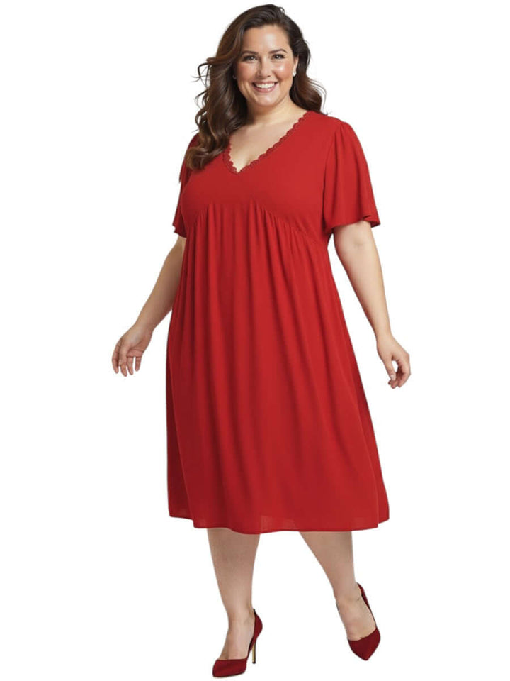 Angelica Dress - Red by Dale and Waters, plus size women's dress size 16-50, featuring V-neckline and flare design.
