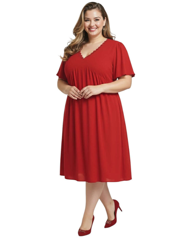 Women's Plus Size Angelica Dress - Red by Dale and Waters, size 16-50, featuring flattering V-neckline and lace trim.